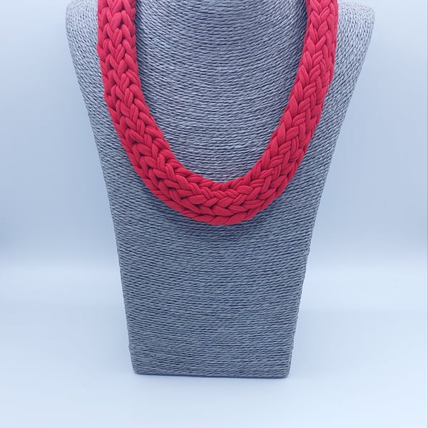 Bright red statement chunky knitted necklace