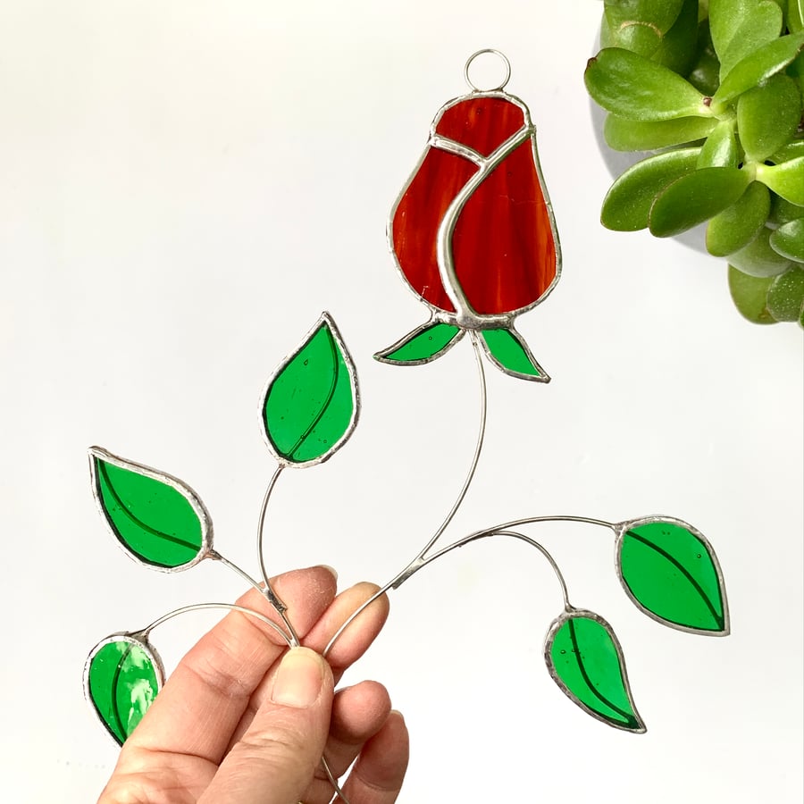 Stained Glass Rose Suncatcher Handmade Hanging Decoration - Red Streaky