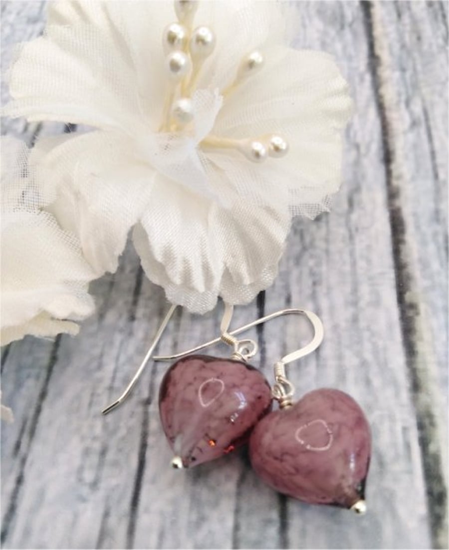 Raspberry heart Murano glass earrings