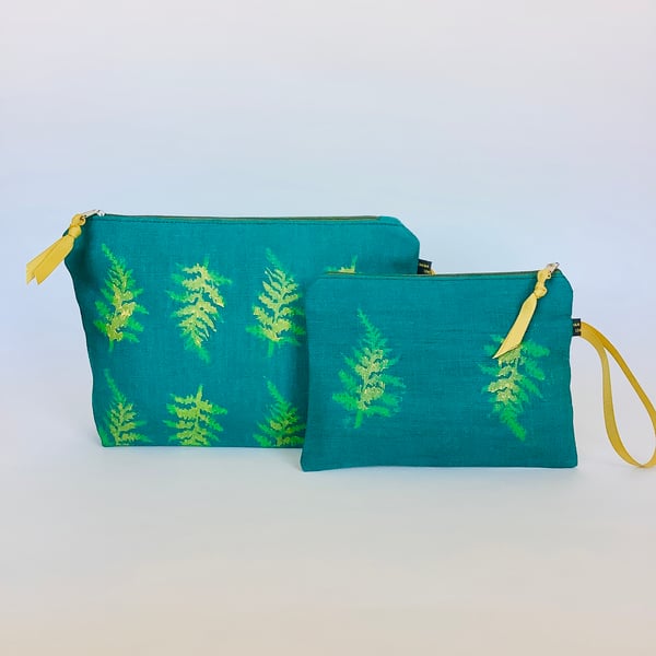 Linen Makeup Bag; Fern Print Hand printed Clutch Bag