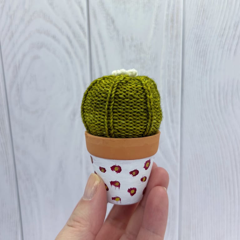 Hand Knitted Cactus with white Bloom in terracotta pot -  Pin cushion
