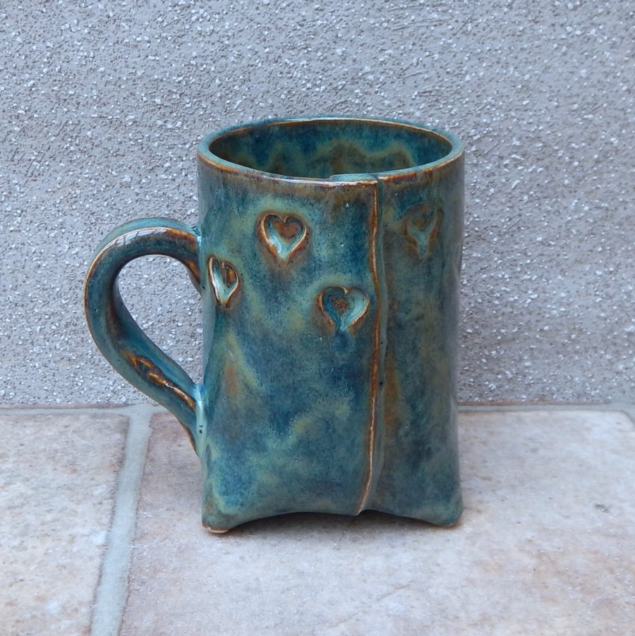 Tripod coffee mug tea cup heart stoneware pottery ceramic  handmade 3 three feet