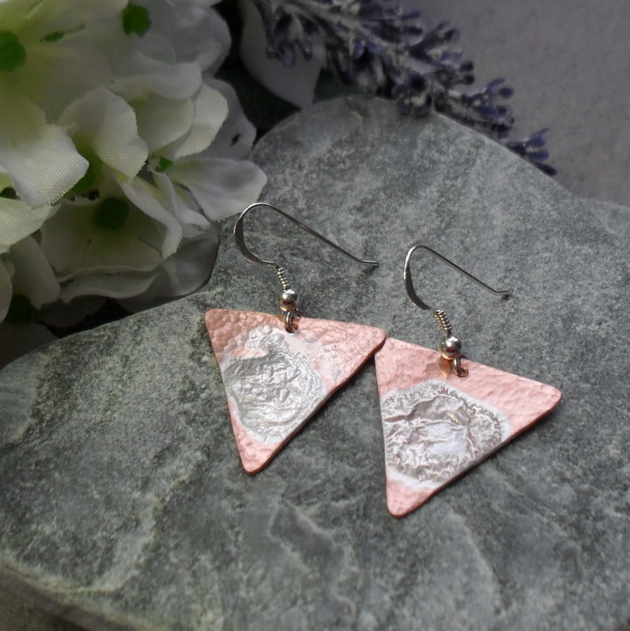 Copper and Sterling Silver Triangle Shaped Dangle Earrings 