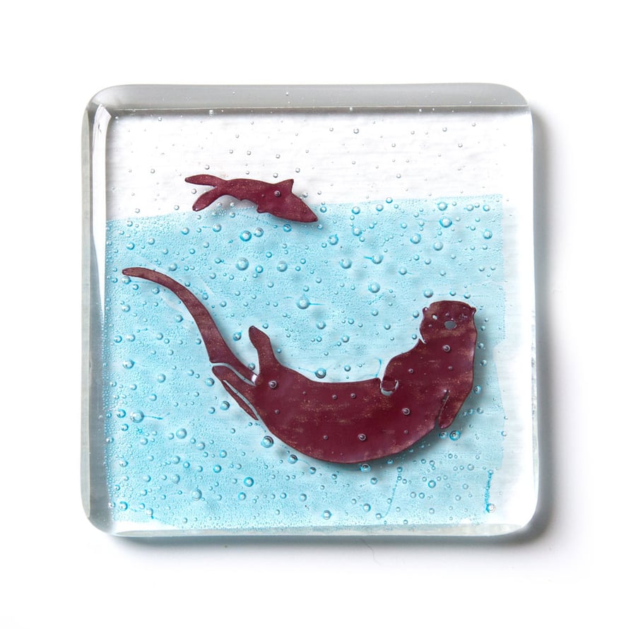 Playful Otter fused glass drinks coaster, nature lover gift, wildlife