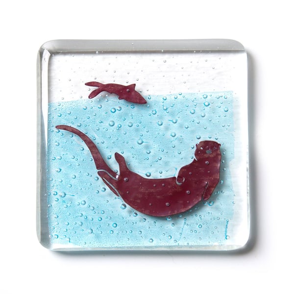 Playful Otter fused glass drinks coaster, nature lover gift, wildlife