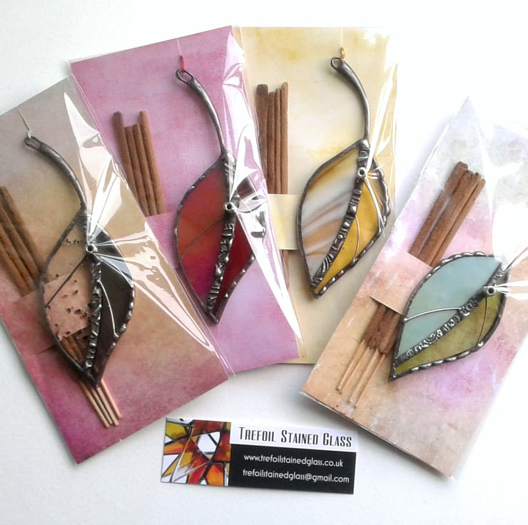Stained glass leaf incense holder with incense Folksy