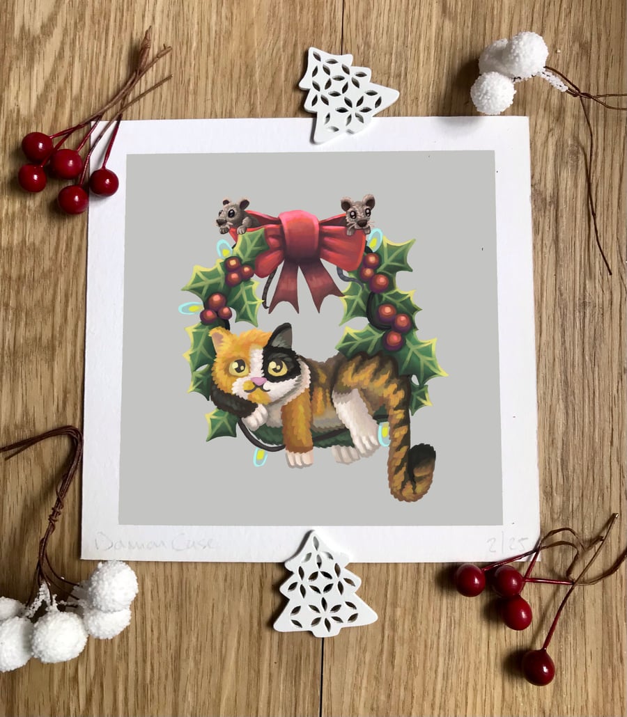 Christmas Cat on a Wreath Art Print