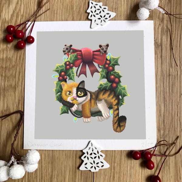 Christmas Cat on a Wreath Art Print