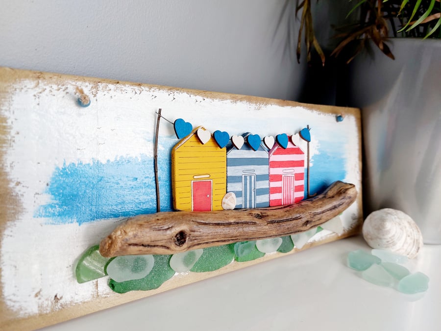 Driftwood & Sea Glass Beach Huts Wall Art, Rustic Hanging, Sustainable Materials