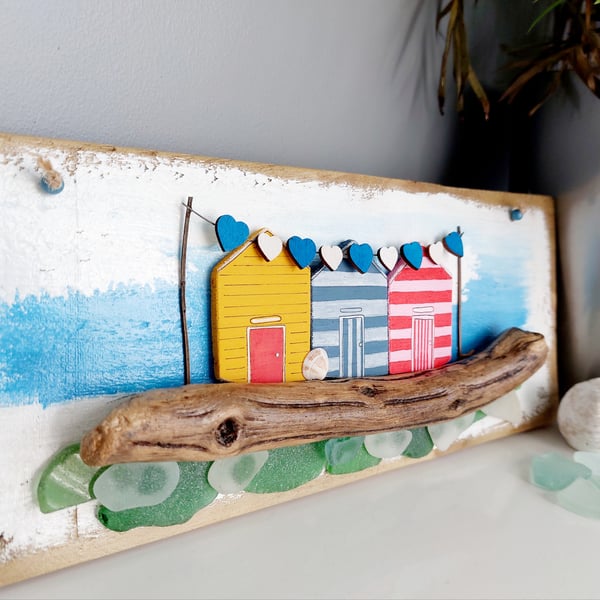 Driftwood & Sea Glass Beach Huts Wall Art, Rustic Hanging, Sustainable Materials