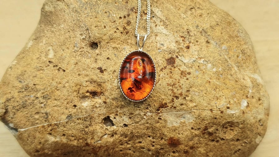 Small oval amber pendant necklace. Russian pressed amber 14x10mm