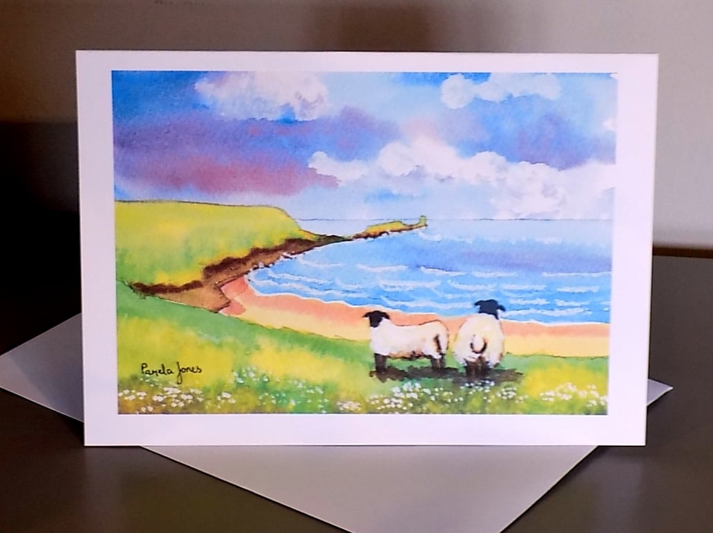 Art Greetings Card, Rhossili Bay, Sheep, Gower, Blank inside, A5