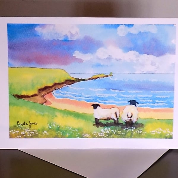 Art Greetings Card, Rhossili Bay, Sheep, Gower, Blank inside, A5