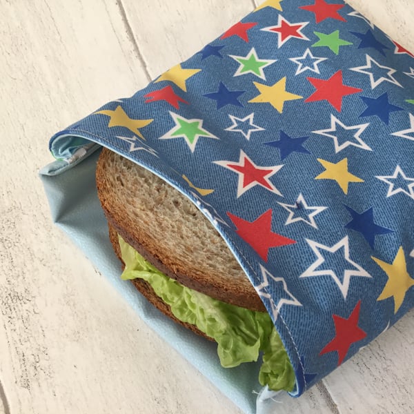 Large sandwich bag. Reusable and eco-friendly. Blue with stars