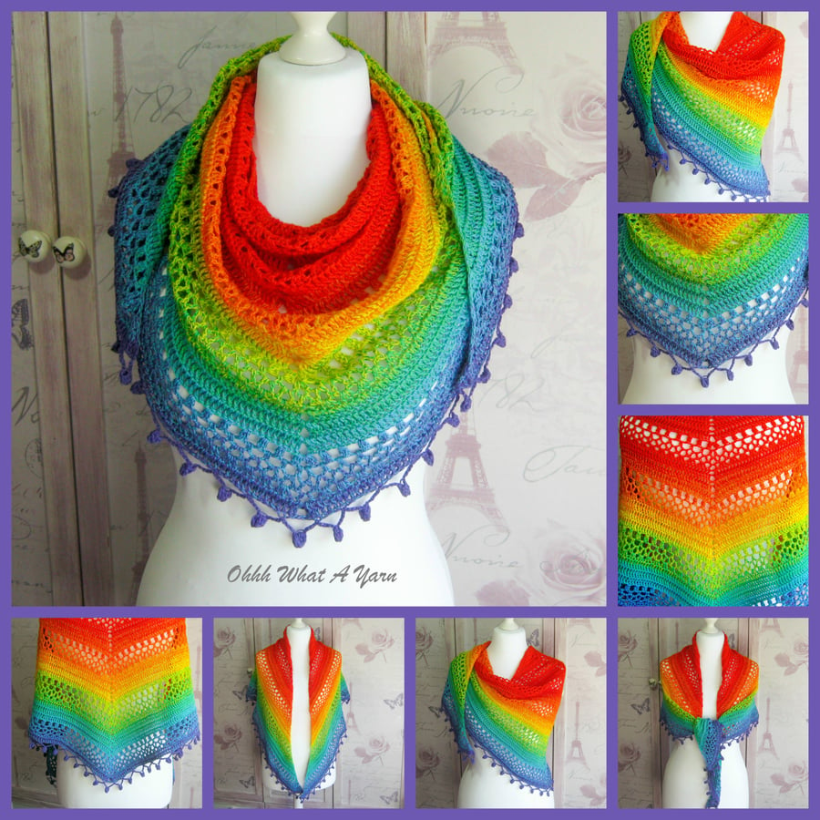 Crochet rainbow cotton shawl. Crochet scarf. Crochet shawlette. Rainbow wrap.