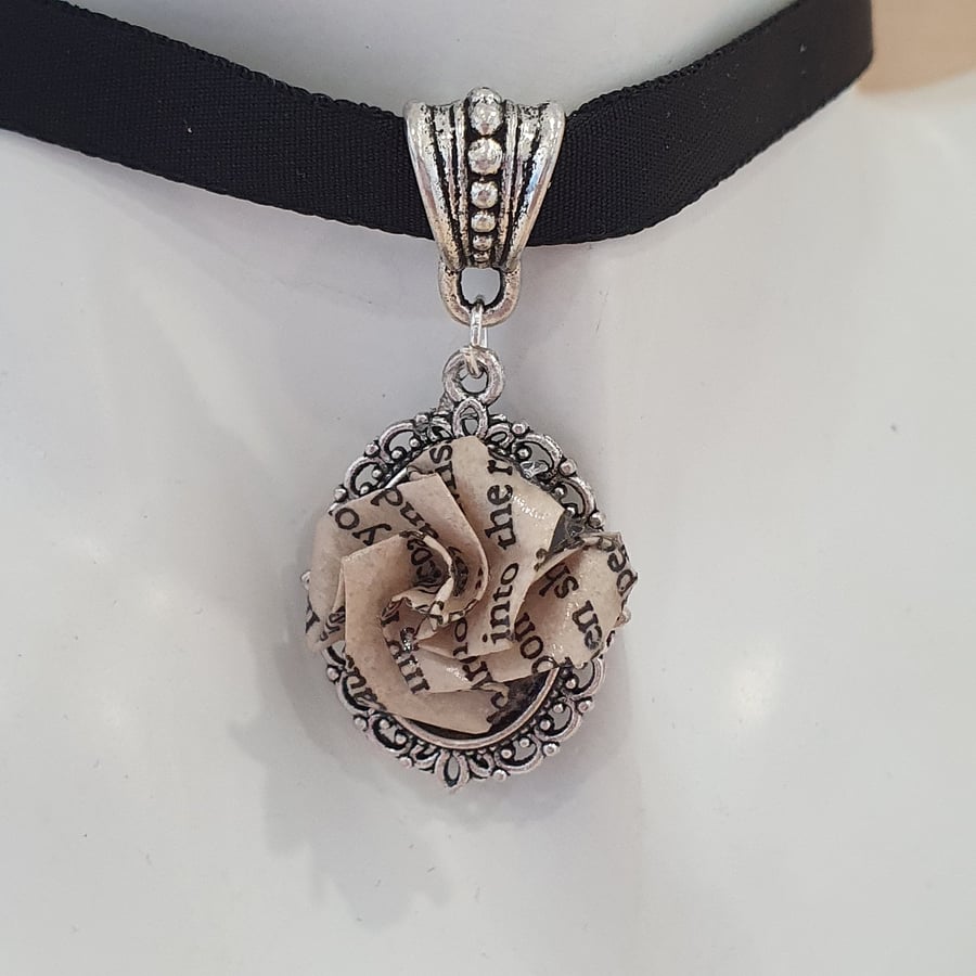 Romantic Pride and Prejudice Origami Rose Choker: Recycled Book Lover Gift
