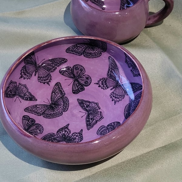 Purple butterfly bowl and mug breakfast set handmade pottery