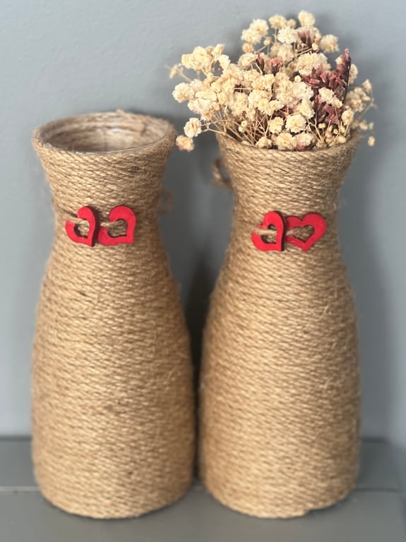 Twine hand wrapped plastic vase with a cute heart detail 