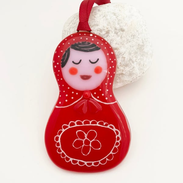 Fused Glass Matryoshka Doll Hanging Decoration (Red)