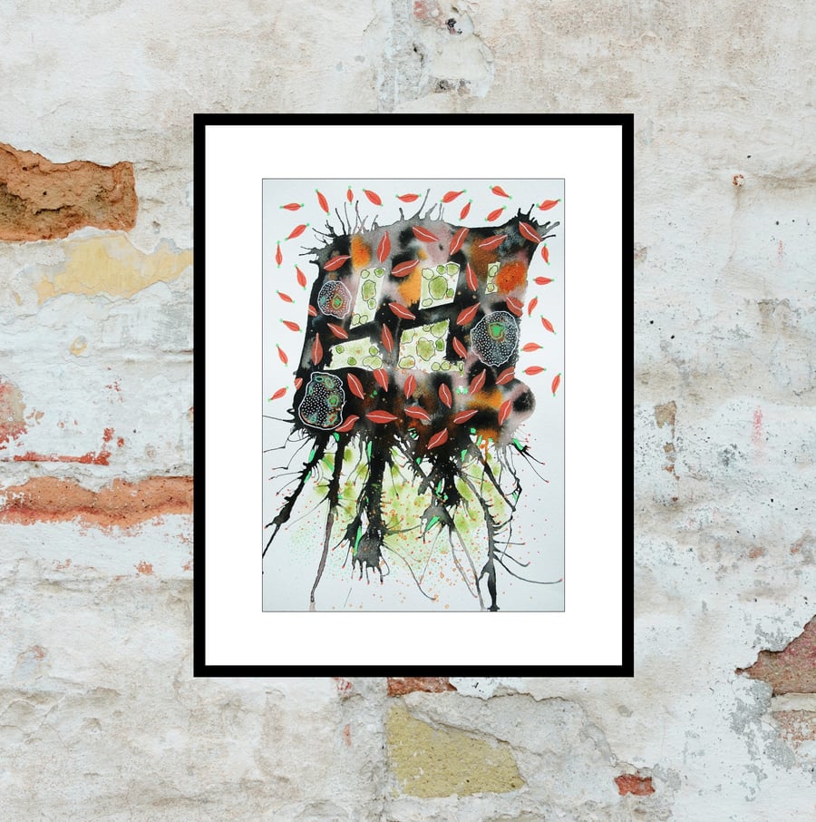 Abstract Painting Black Green Orange Nature Leaves Organic Expressionist Artwork