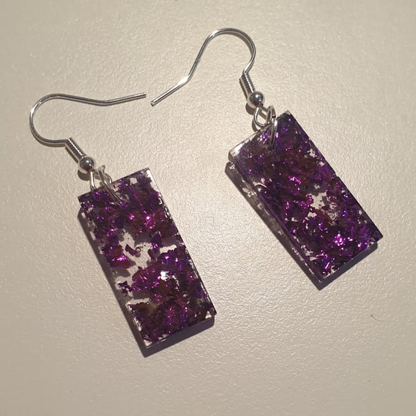 Rectangle purple metallic flakes resin earrings