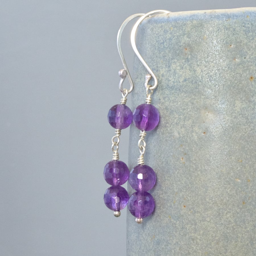 Purple Amethyst Three Gemstone Sterling Silver  Dangle Drop Minimalist Earrings