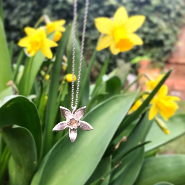 Sterling silver daffodil necklace, spring necklace