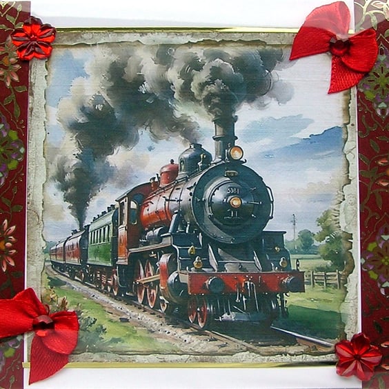 Steam Train - Hand Crafted Decoupage Greeting Card - Blank - 3056