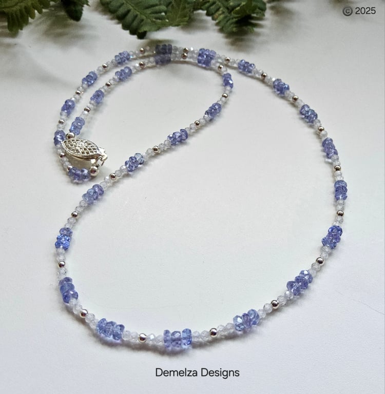 Designer Dainty AA Tanzanite & Zircon Sterling Silver Necklace