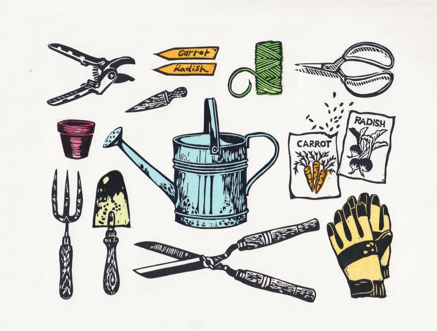 Gardening Kit Lino Print - colour