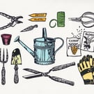 Gardening Kit Lino Print - colour