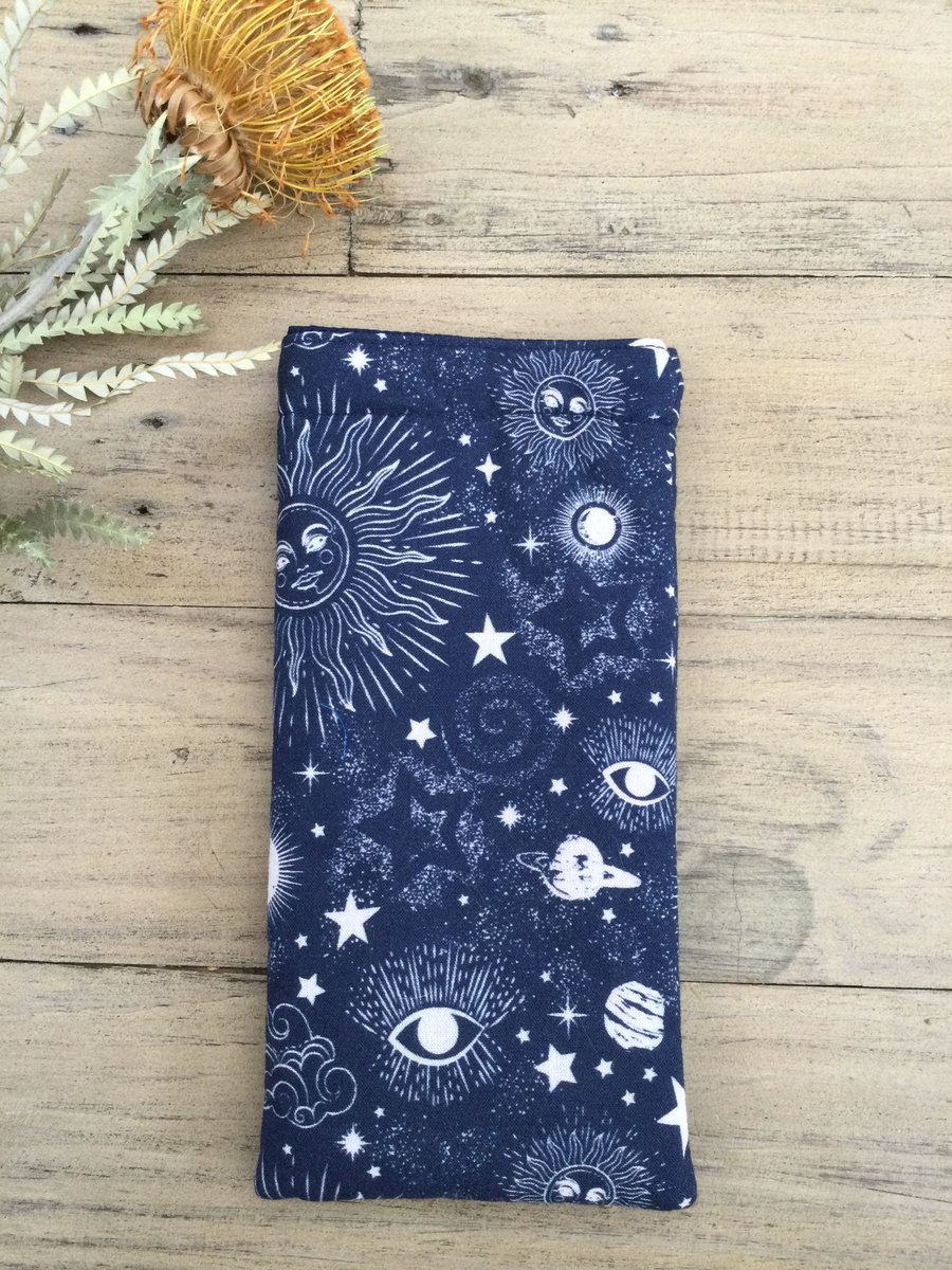 Funky glasses case, padded, magnetic popper. Sun moon planets on navy background