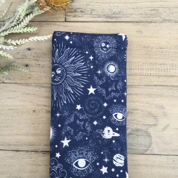 Funky glasses case, padded, magnetic popper. Sun moon planets on navy background
