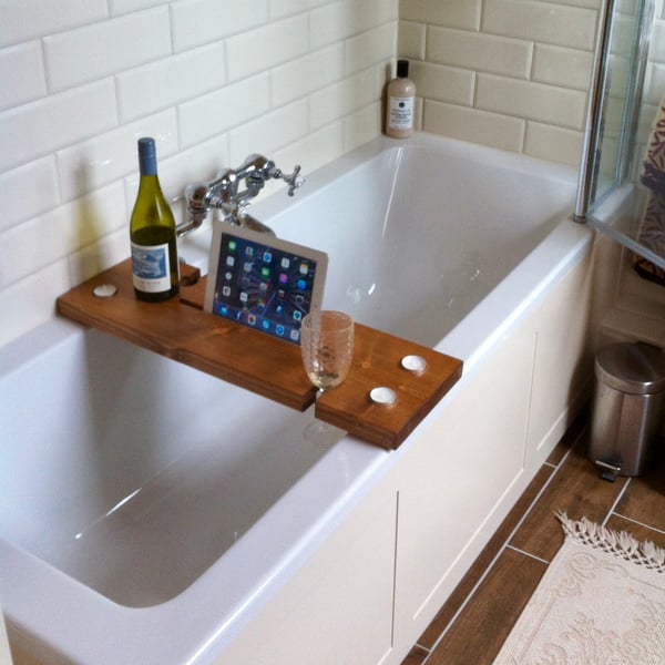 Rustic Bath Caddy - Strong Solid Chunky Wood - Smartphone And Tablet Holder