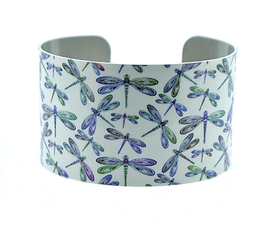 Dragonfly jewellery cuff bracelet, wide metal bangle with insects. C304