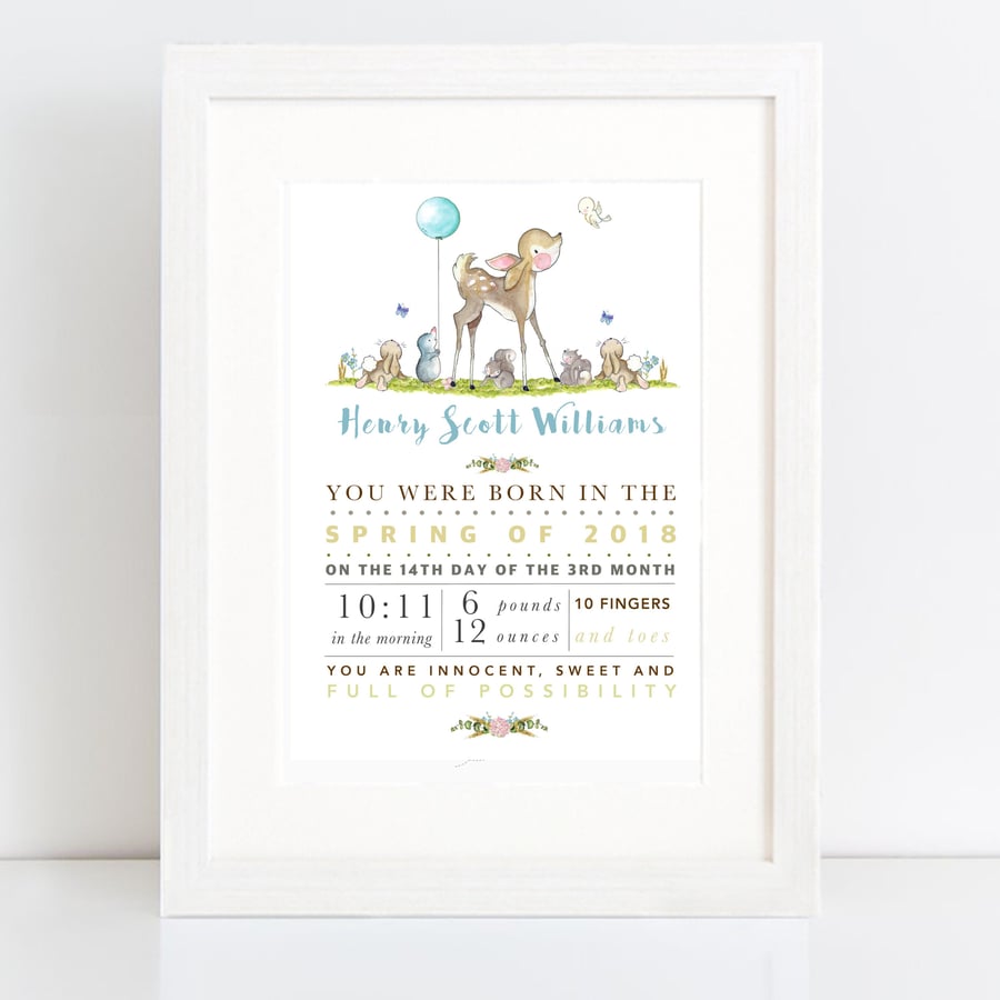 Nursery art "Woodland Adventure baby birth details print" blue