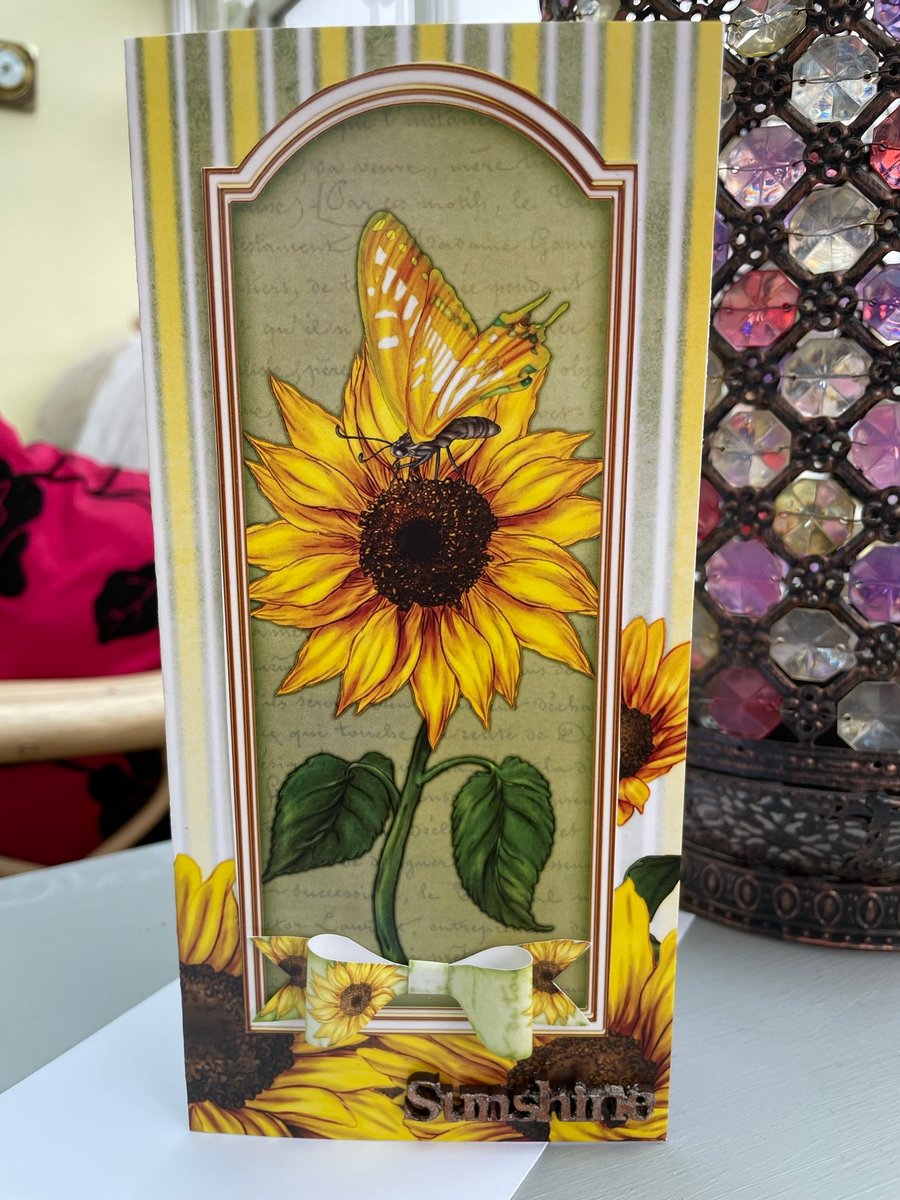 Sunflower and butterfly slimline card for birthdays, anniversaries, thank you.