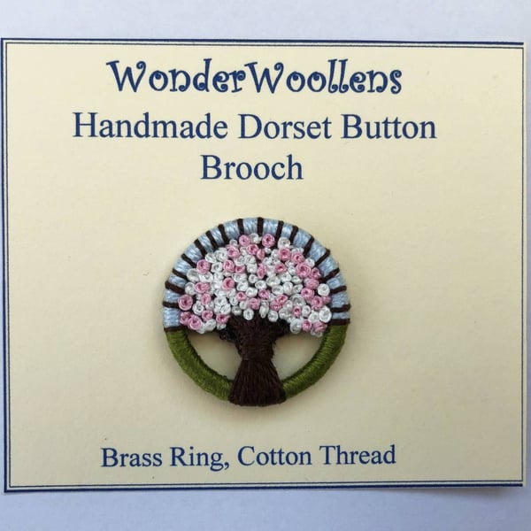 Cherry Blossom, Sakura, Dorset Button Brooch, Green, Pink, Brown, Blue
