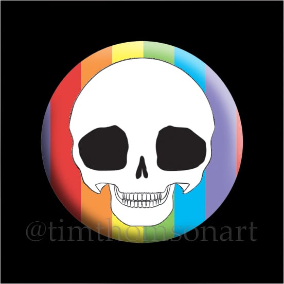 Happy Smiling Pullip Skull - on a Rainbow Background. 25mm Button Pin Badge