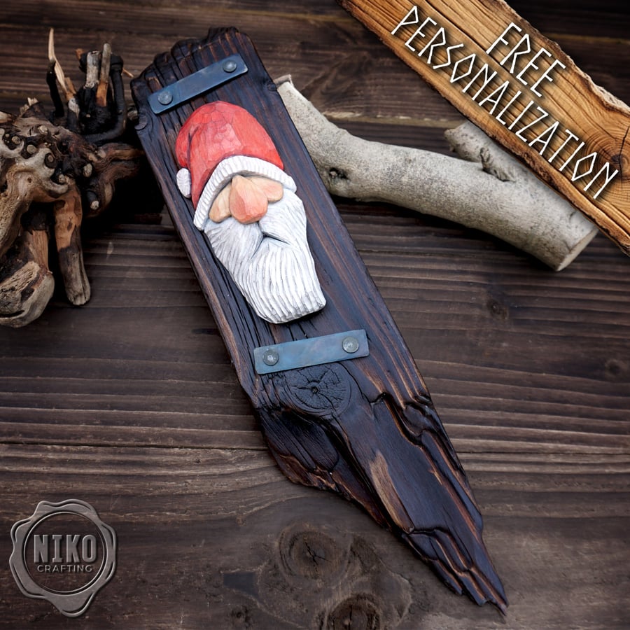 Hand-Carved Santa Claus Wall Art- Rustic Christmas Decoration - Personalised (A)