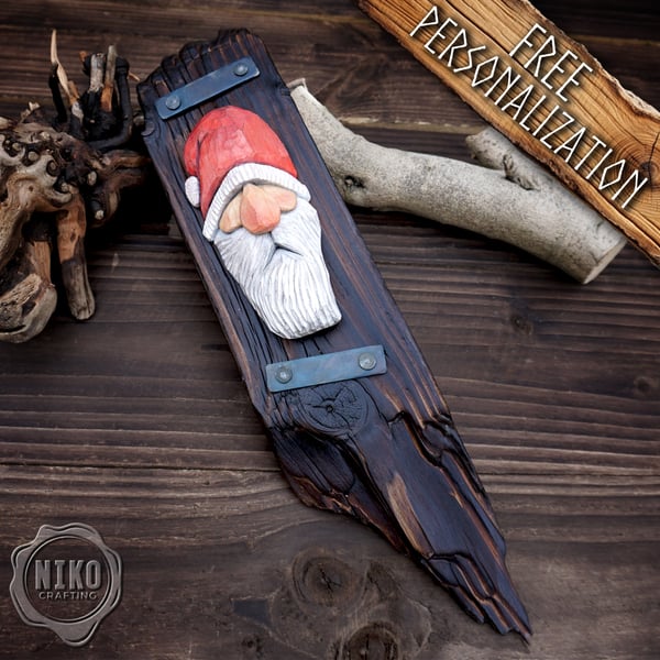 Hand-Carved Santa Claus Wall Art- Rustic Christmas Decoration - Personalised (A)