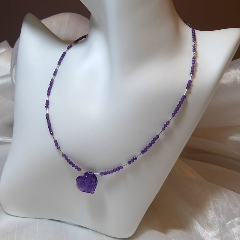 Amethyst Carved Heart Necklace with Sterling and Fine Silver February Birthstone