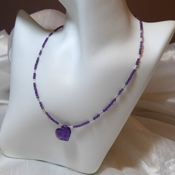 Amethyst Carved Heart Necklace with Sterling and Fine Silver February Birthstone