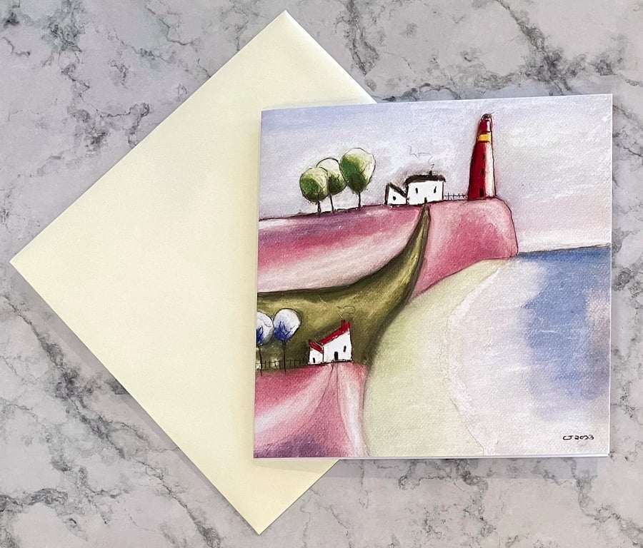 THE LIGHTHOUSE ON THE HILL: Greetings card, blank inside
