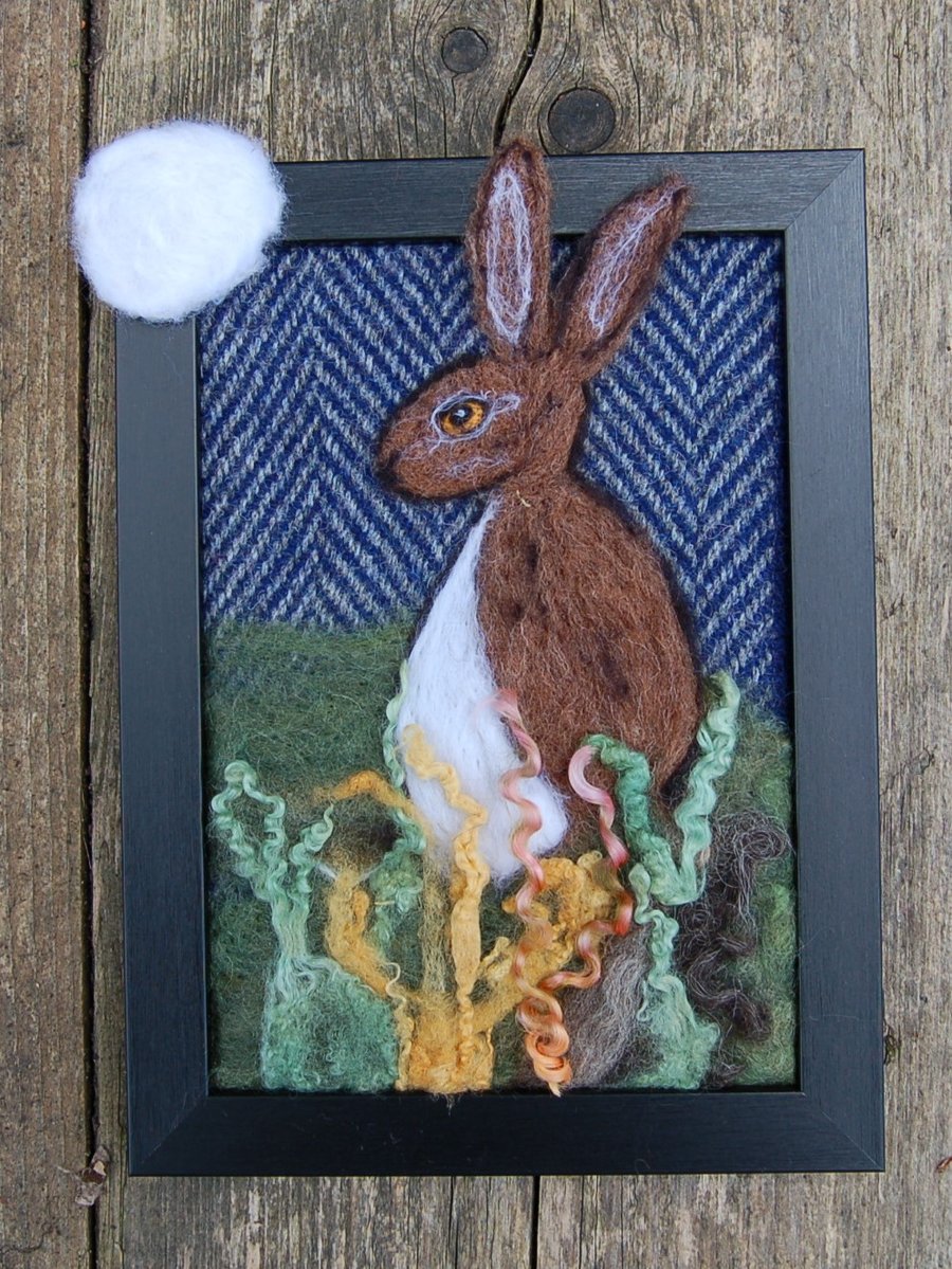 Hare portrait, wool art picture, wool fabric, needle felted 