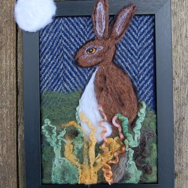 Hare portrait, wool art picture, wool fabric, needle felted 