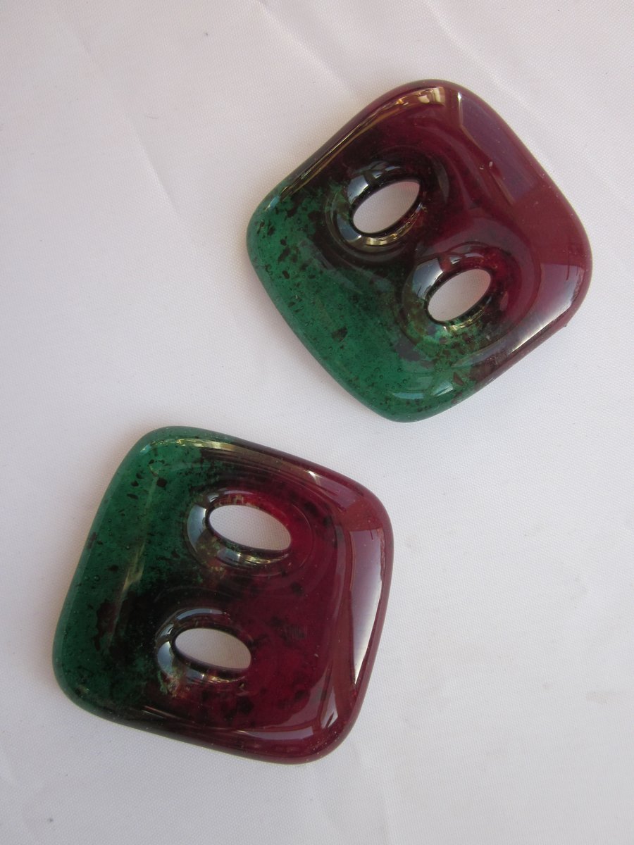 Handmade pair of cast glass buttons - Square cherry jelly