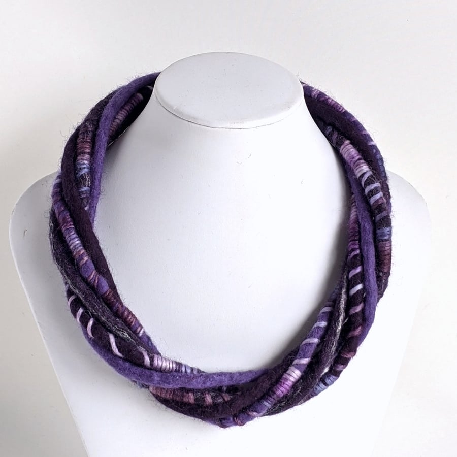 The Wrapped Twist: felted cord necklace in deep purples