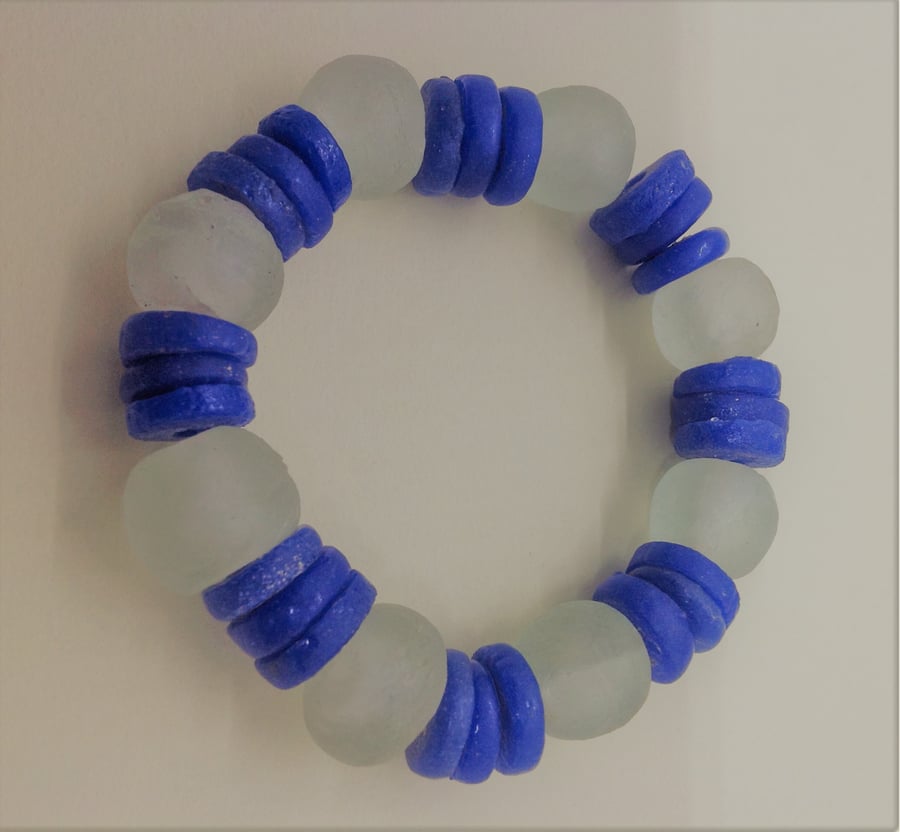 African chunky glass beads and large blue disks bracelet 