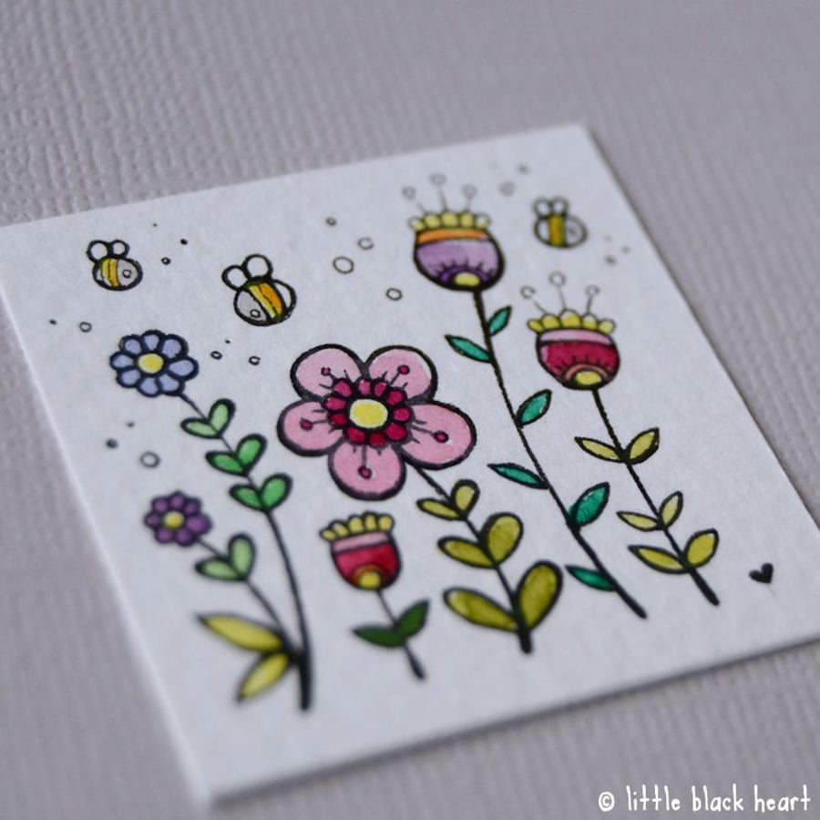 spring flowers and bees - miniature artwork